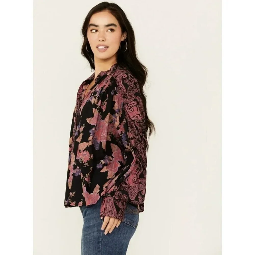 Free People Maraya Button Top in Black Combo XSmall New Womens Blouse